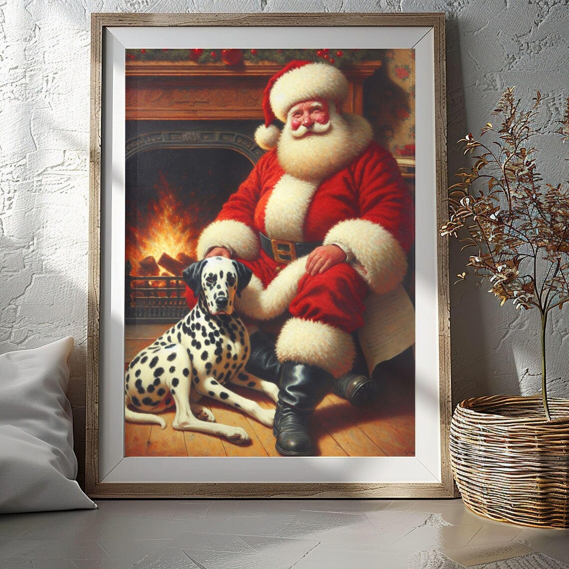 Santa Claus Dalmatian Dog Fireside Cozy Christmas Painting Poster