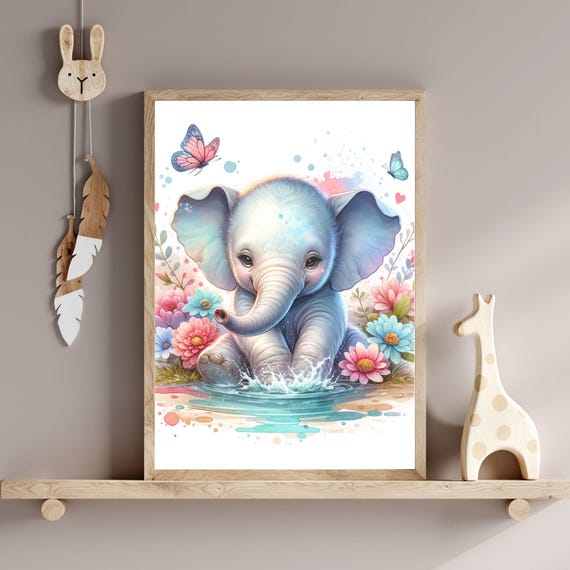 Nursery Wall Art Watercolor Elephant Wall Art Nursery Kids Room Decor Baby Shower Gift Cute Animal Art