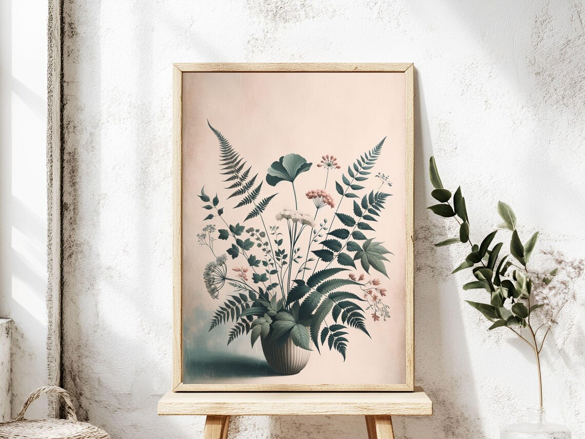 Vintage Botanical Fern Leaves Blush Pink Antique Plant Poster
