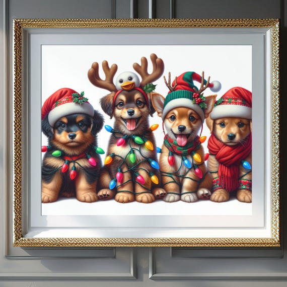 Christmas Wall Art Christmas Puppies Art 4 Cute Puppies With Lights And Santa Hats Festive Holiday Decor Christmas Art