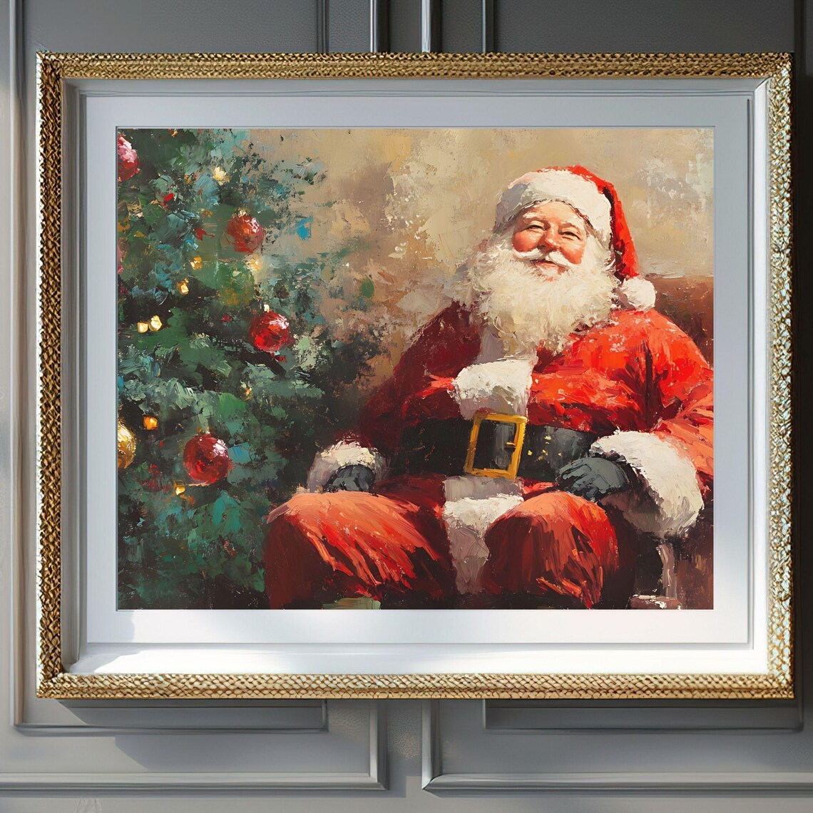 Classic Santa Claus Resting Armchair Christmas Tree Oil Poster