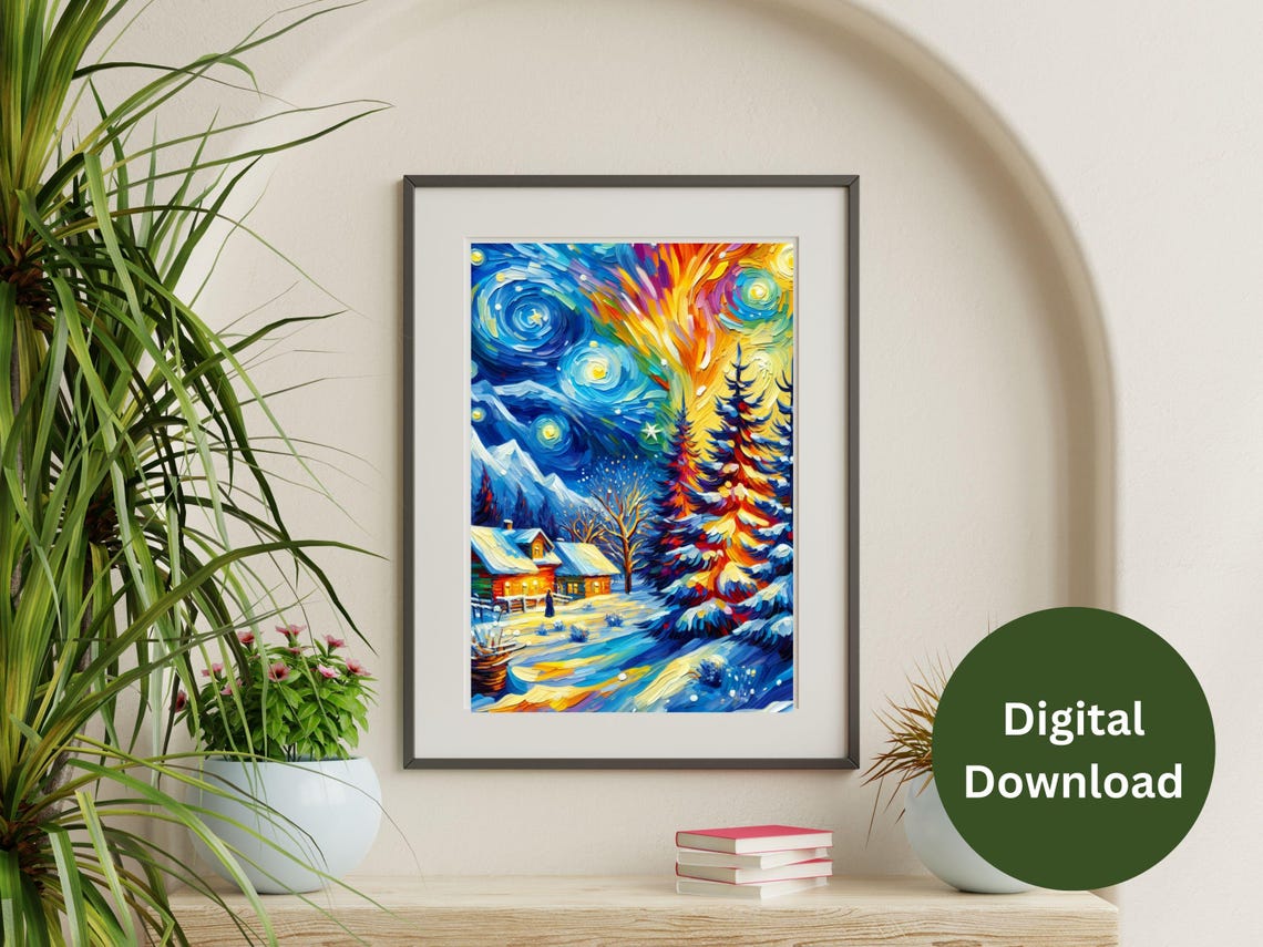 Starry Night Winter Village with a Glowing Snowy Cabin Scene Poster