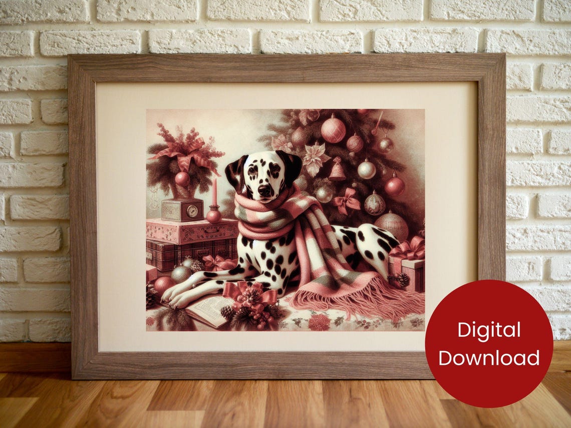 Dalmatian In Plaid Scarf Vintage Christmas Tree Holiday Poster