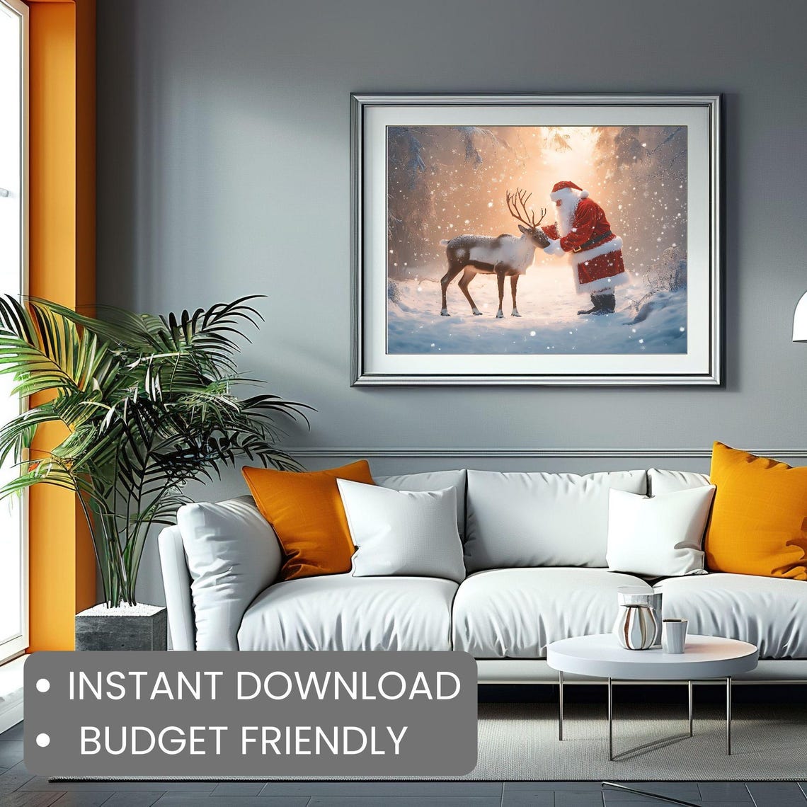 Santa Petting Reindeer Snowy Forest Golden Glow Christmas Poster - Image 2