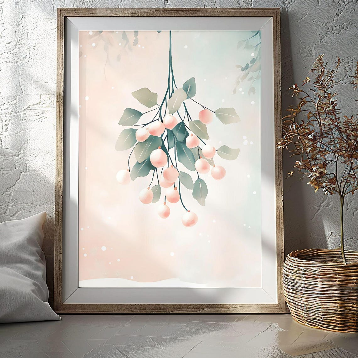 Hanging Mistletoe Watercolor Blush Pink Berries Holiday Poster
