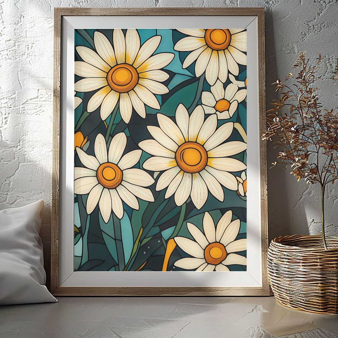 Stained Glass Daisies Dark Teal Background Floral Art Poster