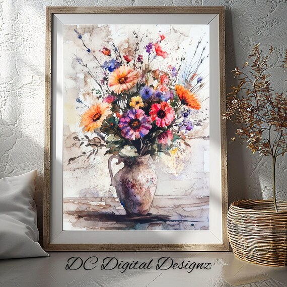 Colorful Wildflower Bouquet in Ceramic Jug Watercolor Still Life Poster