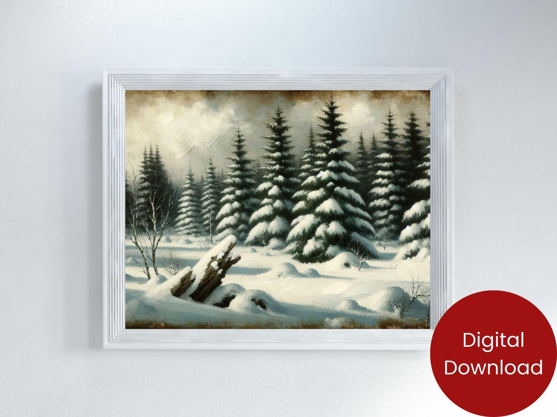 Peaceful Snowy Pine Forest Fallen Log Vintage Winter Painting Poster - Image 2