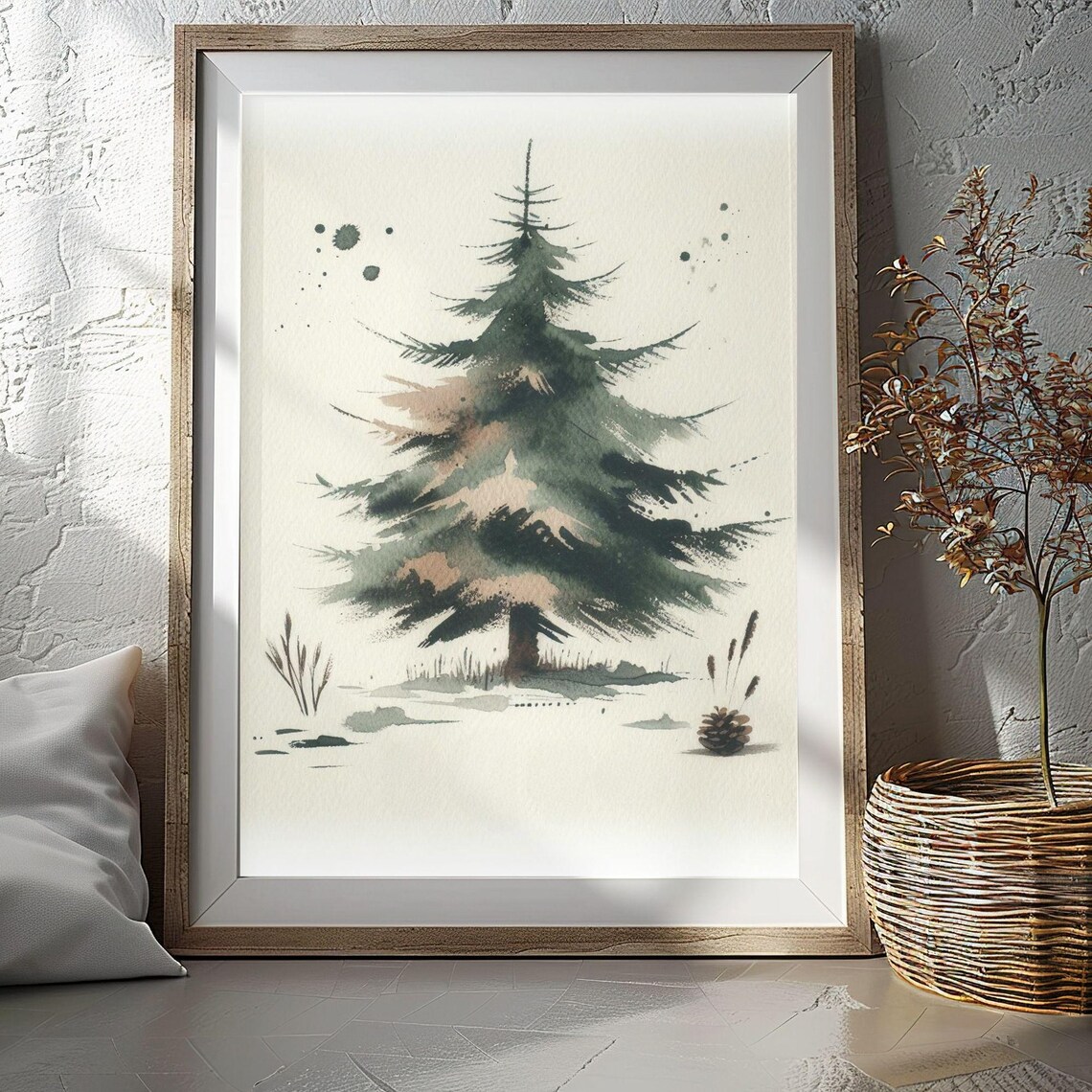 Rustic Watercolor Christmas Tree, Holiday Decor