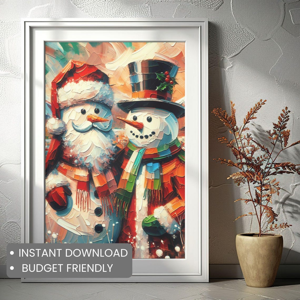 Two Cheerful Snowmen Santa Hat Top Hat Palette Knife Christmas Poster - Image 2