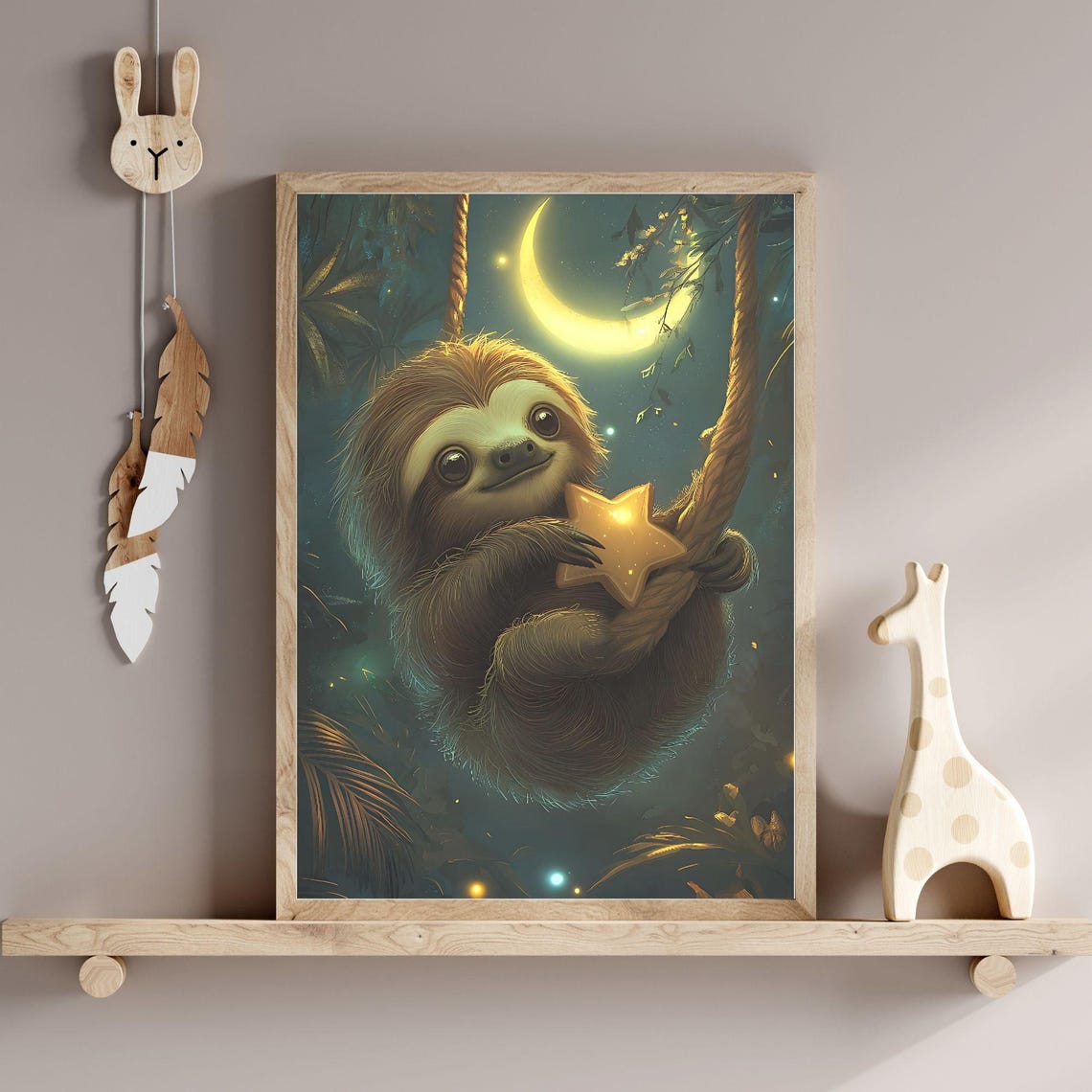 Baby Sloth Starry Jungle Night Vines Moon Dream Nursery Poster
