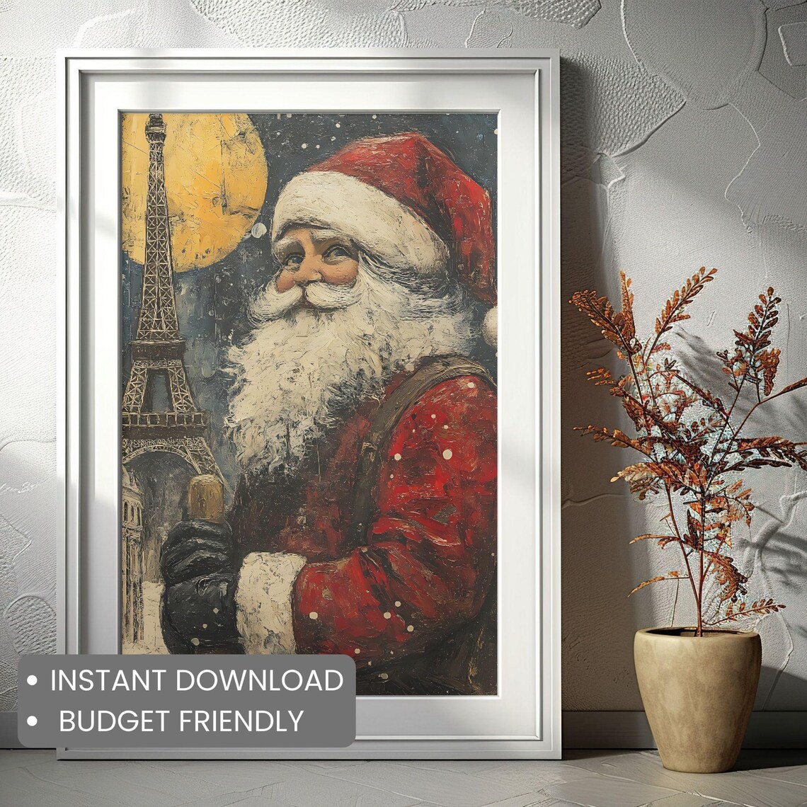 Santa Claus Paris Eiffel Tower Full Moon Rustic Oil Painting Poster - Image 2