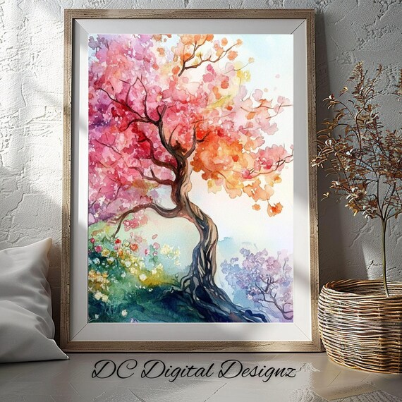 Ancient Twisted Tree Pink Orange Blossom Watercolor Art Poster