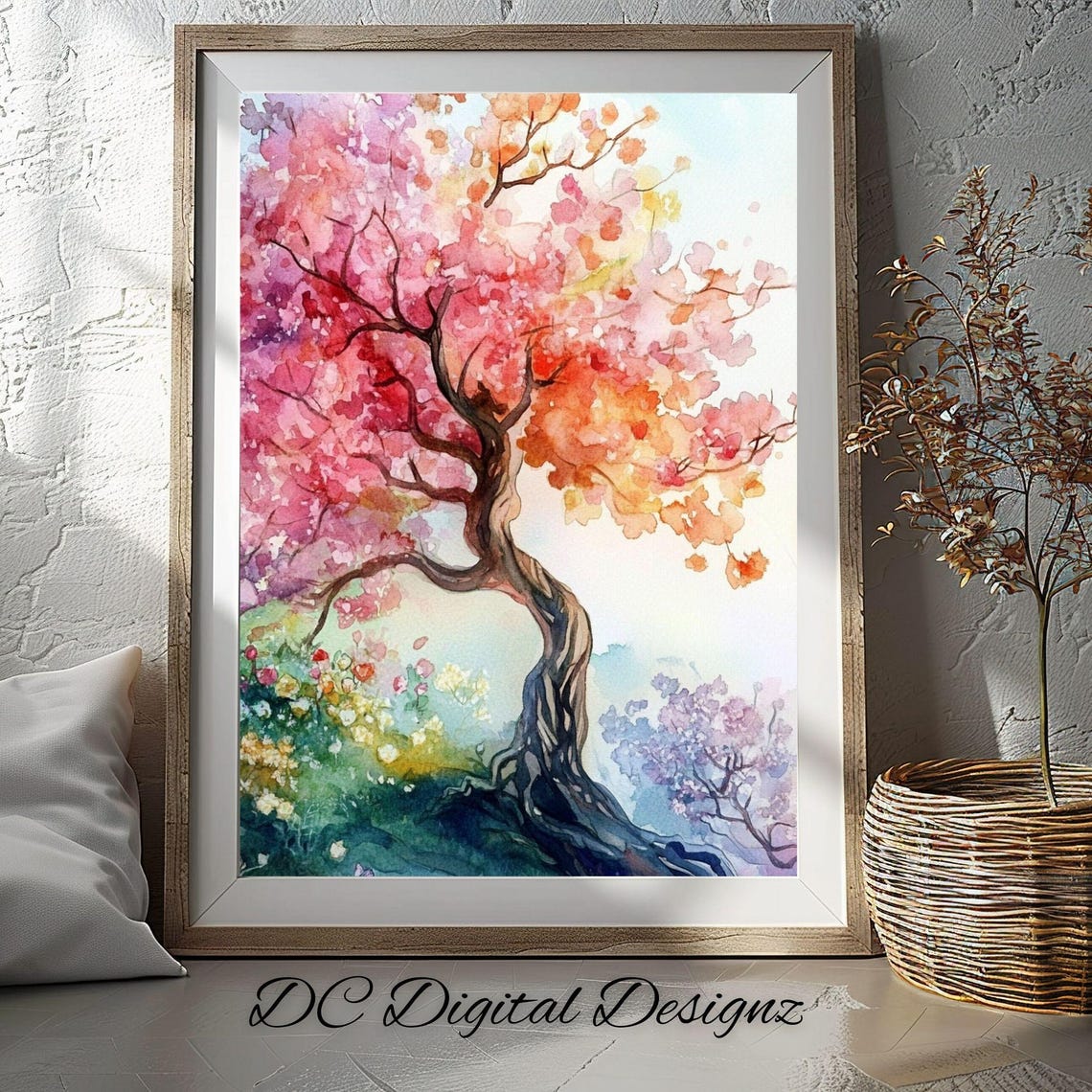 Ancient Twisted Tree Pink Orange Blossom Watercolor Art Poster