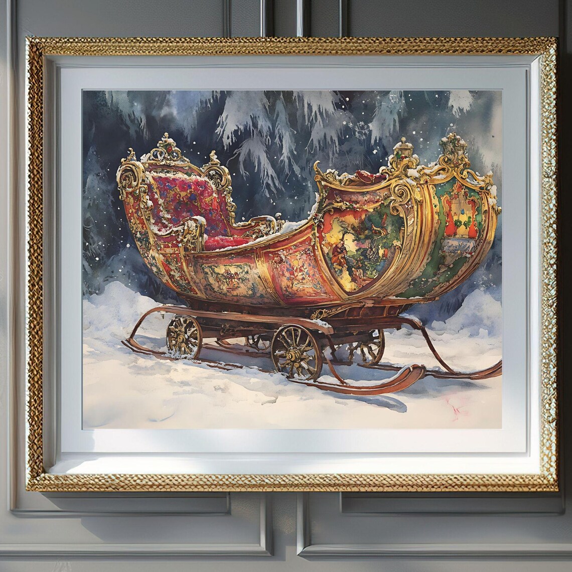 Ornate Vintage Santa Sleigh Snowy Night Christmas Scene Poster