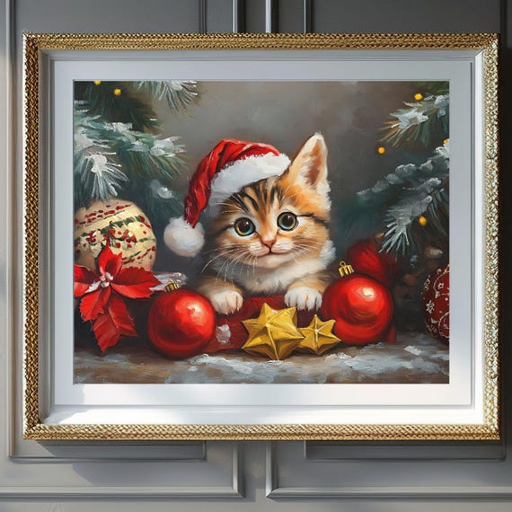 Christmas Wall Art Cute Kitten With Santa Hat Wall Art Christmas Cat Artwork Holiday Decor For Pet Lovers Gift