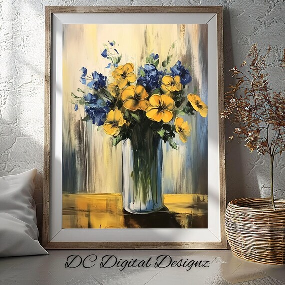 Impressionist Yellow Pansies and Blue Blossoms in Glass Vase Poster