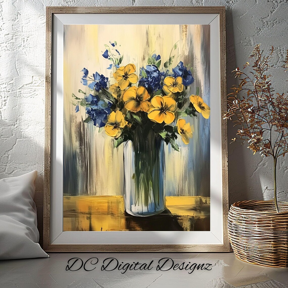 Impressionist Yellow Pansies and Blue Blossoms in Glass Vase Poster