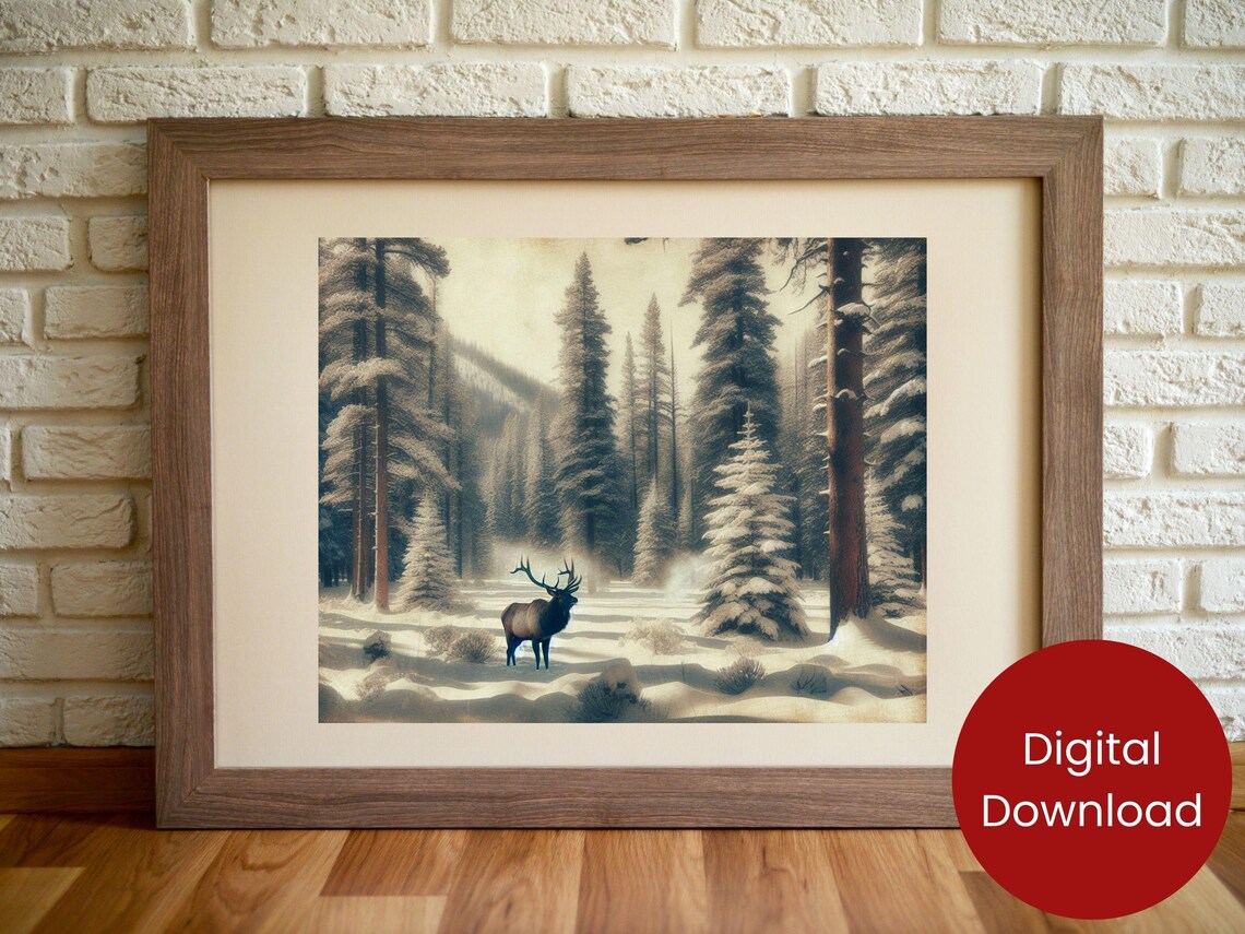 Christmas Wall Art Vintage Elk Winter Scene