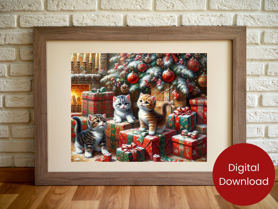 Kittens Playing Under Christmas Tree Gifts Holiday Cat Poster
