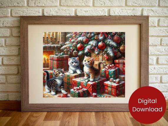 Christmas Wall Art Kittens Playing Under Christmas Tree Cute Holiday Cat Decor Christmas Art Festive Animal Artwork