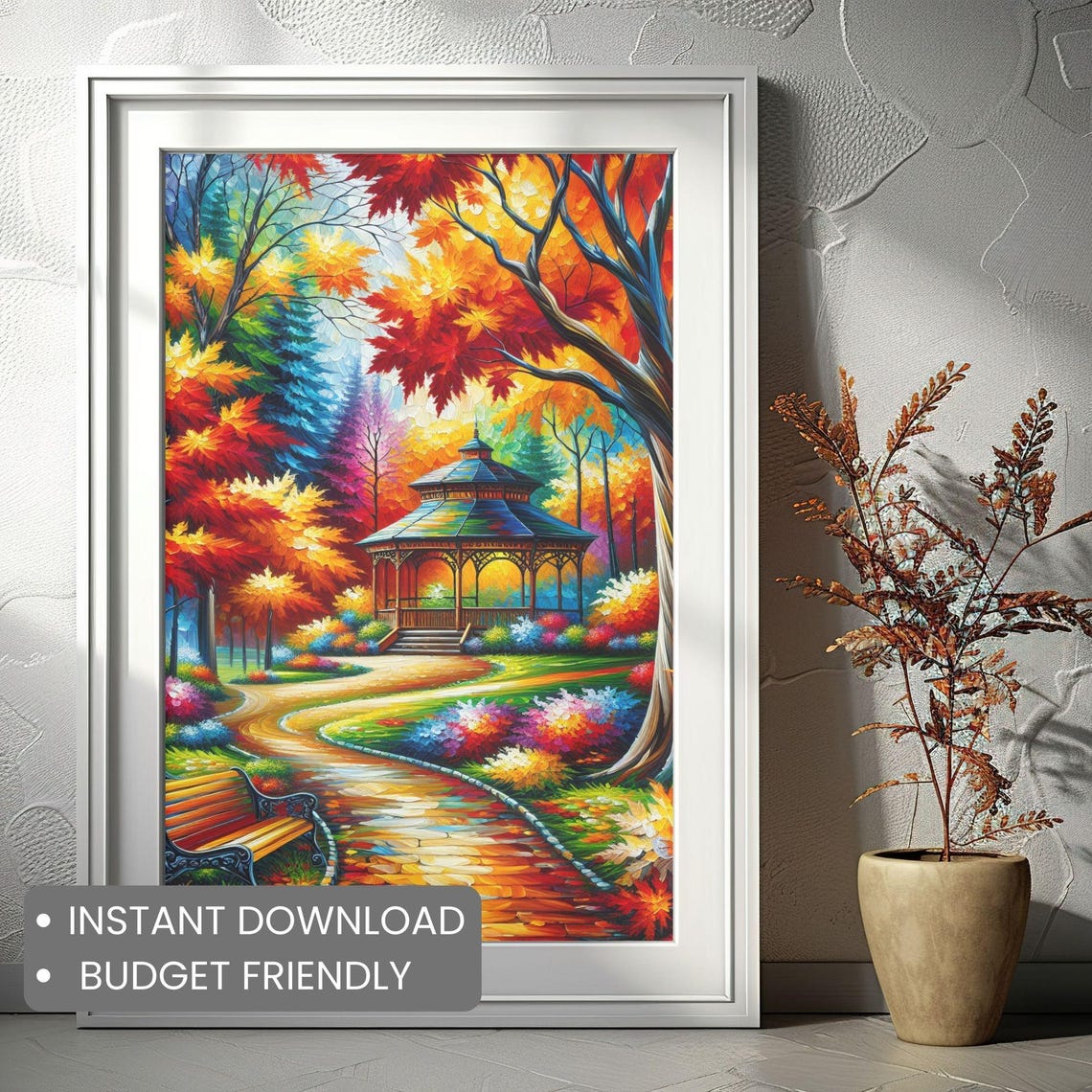 Autumn Park Gazebo Winding Path Bench Fall Colors Art Poster - Image 2