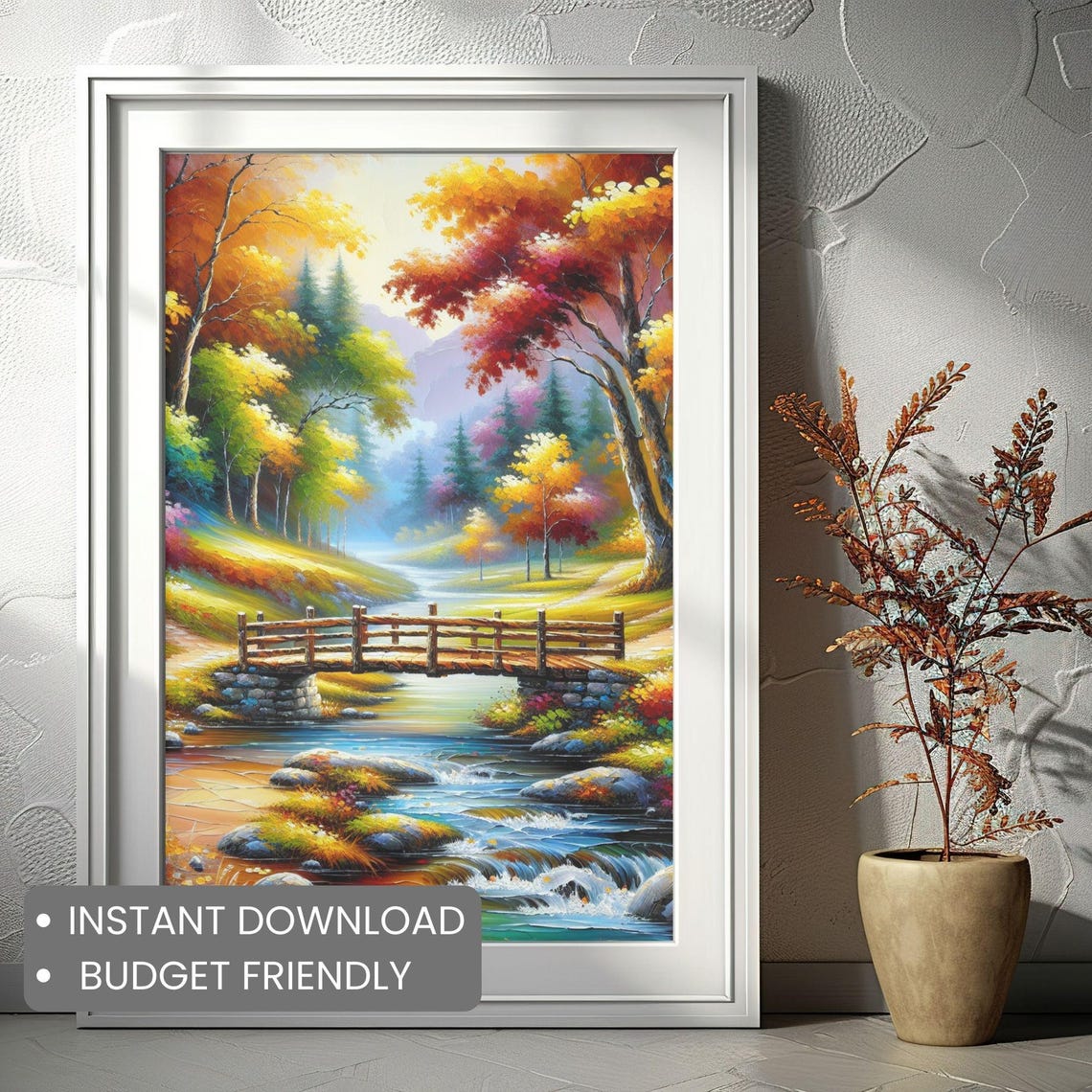 Rustic Autumn Forest Footbridge Over Stream Fall Foliage Poster - Image 2
