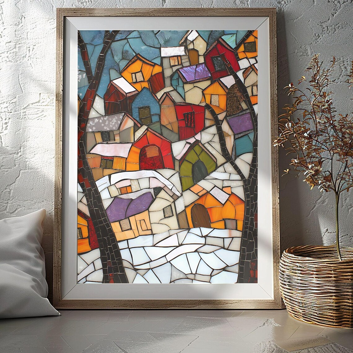 Stained Glass Snowy Town Colorful Houses Winter Mosaic Poster