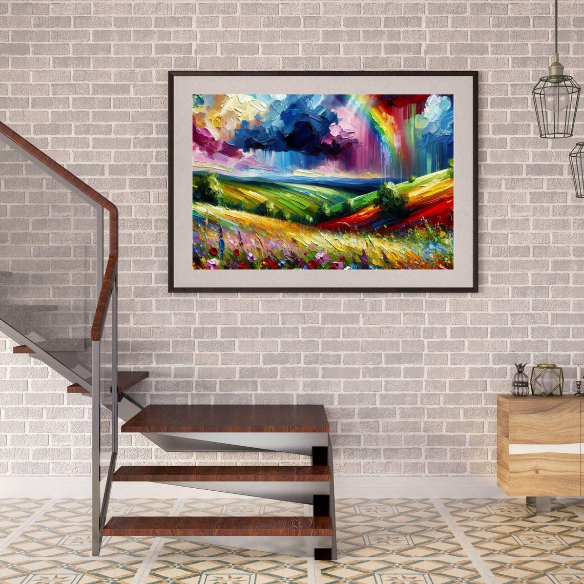 Colorful Rainbow Storm Over Rolling Wildflower Hills Meadow Poster - Image 2