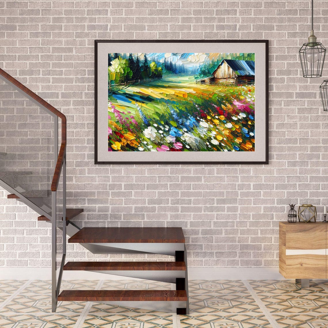 Colorful Spring Wildflower Meadow Rustic Barn Impasto Painting Poster - Image 2