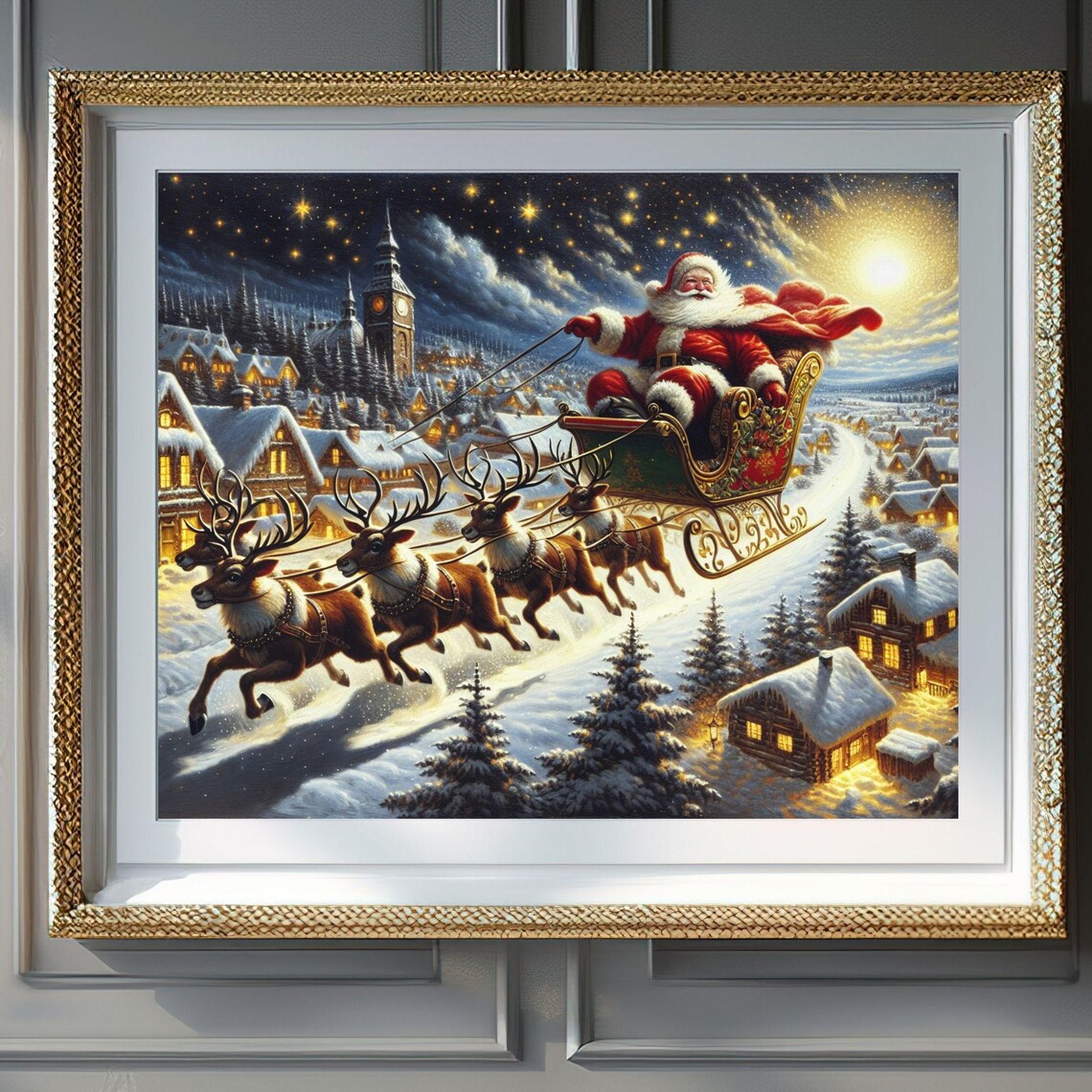Santa Claus Sleigh Reindeer Night Village Christmas Sky Poster