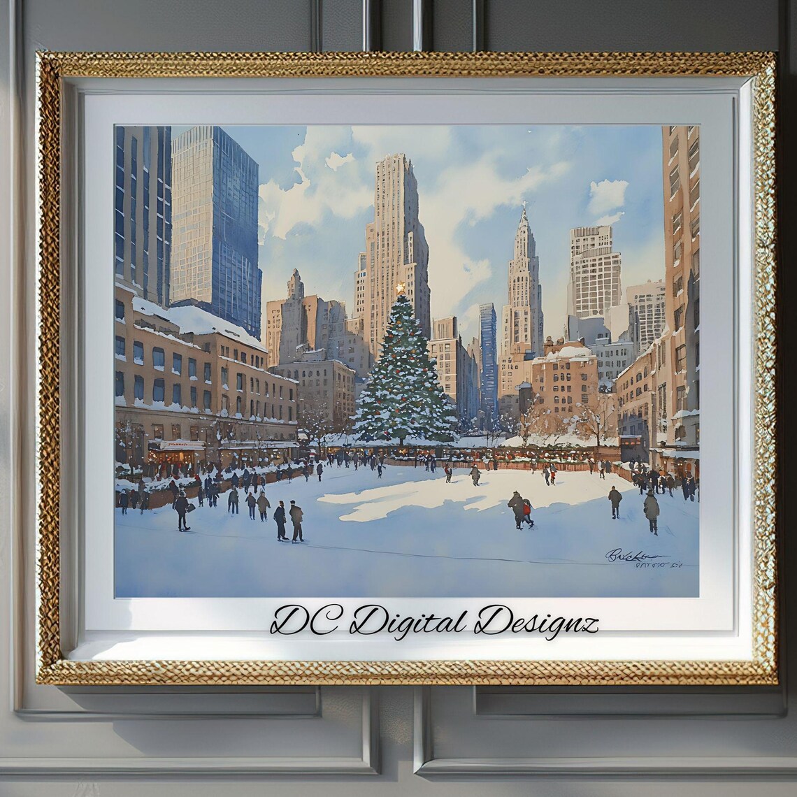 Snowy New York Christmas Tree Plaza Watercolor Winter Poster