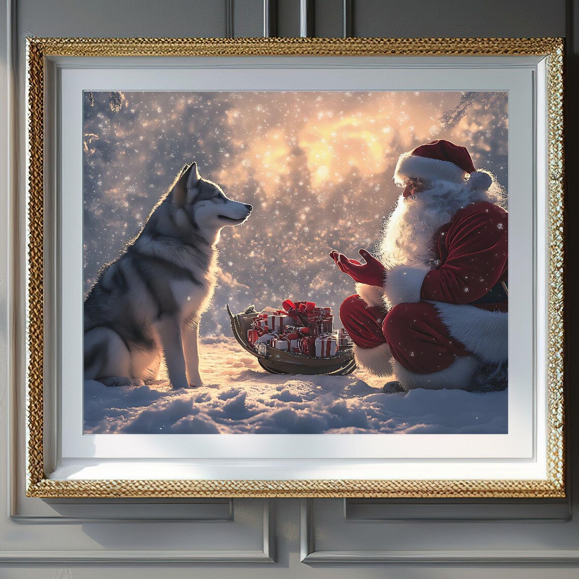 Santa Claus With Husky Dog Christmas Gift Sled Snowy Night Poster