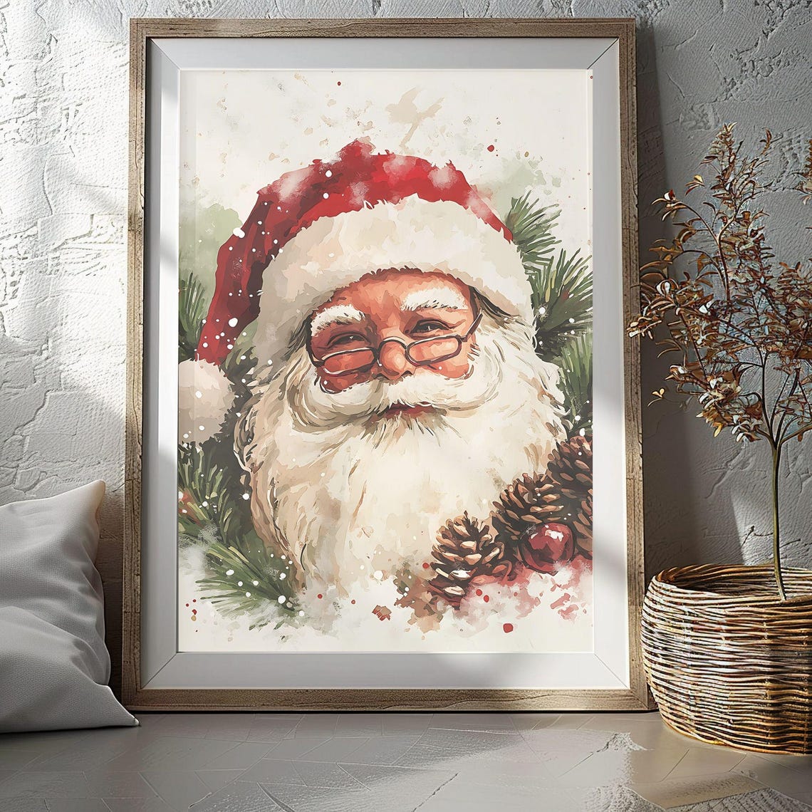 Santa Claus Portrait with Glasses Among Pine Branches Poster