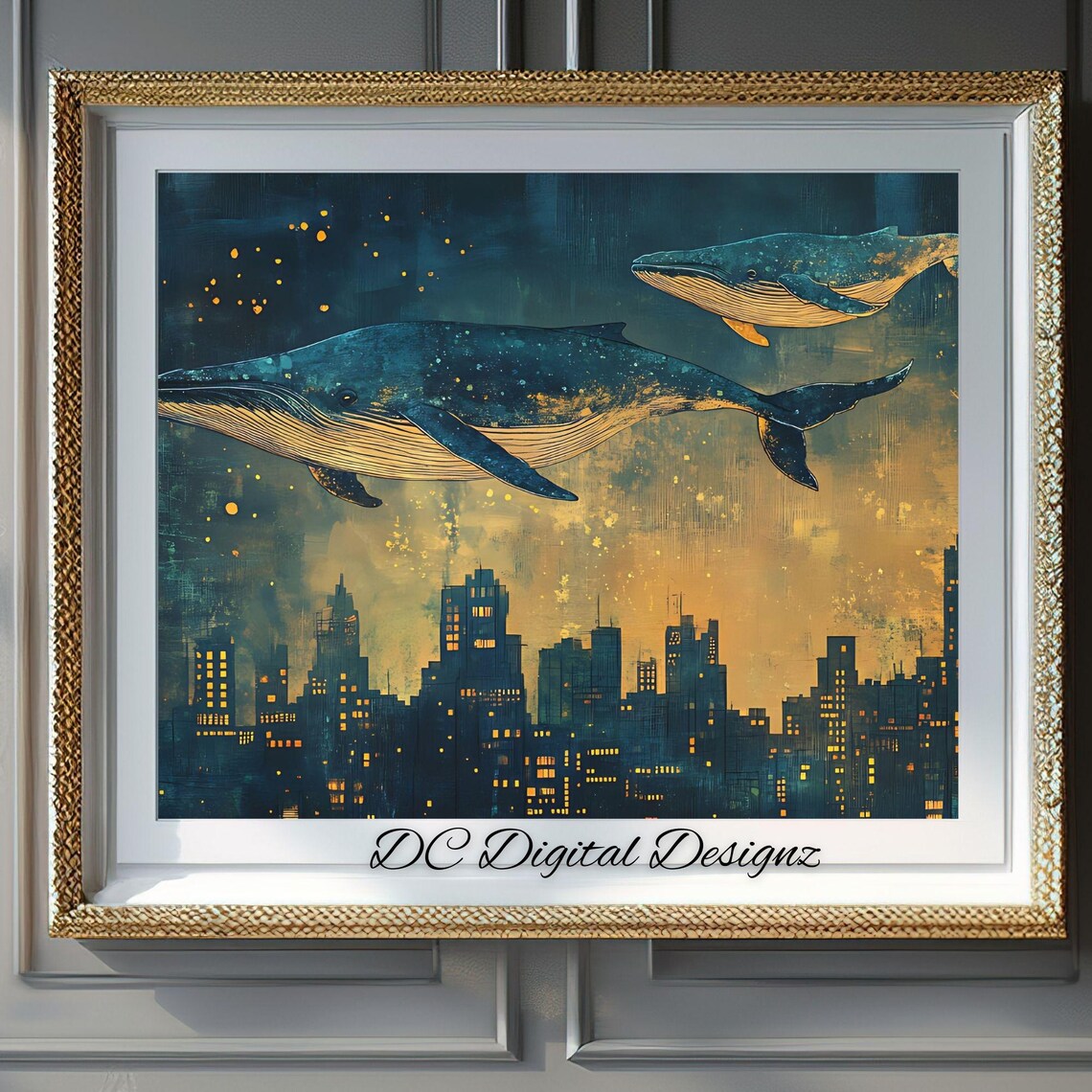 Two Whales Night City Skyline Golden Embers Surreal Art Poster