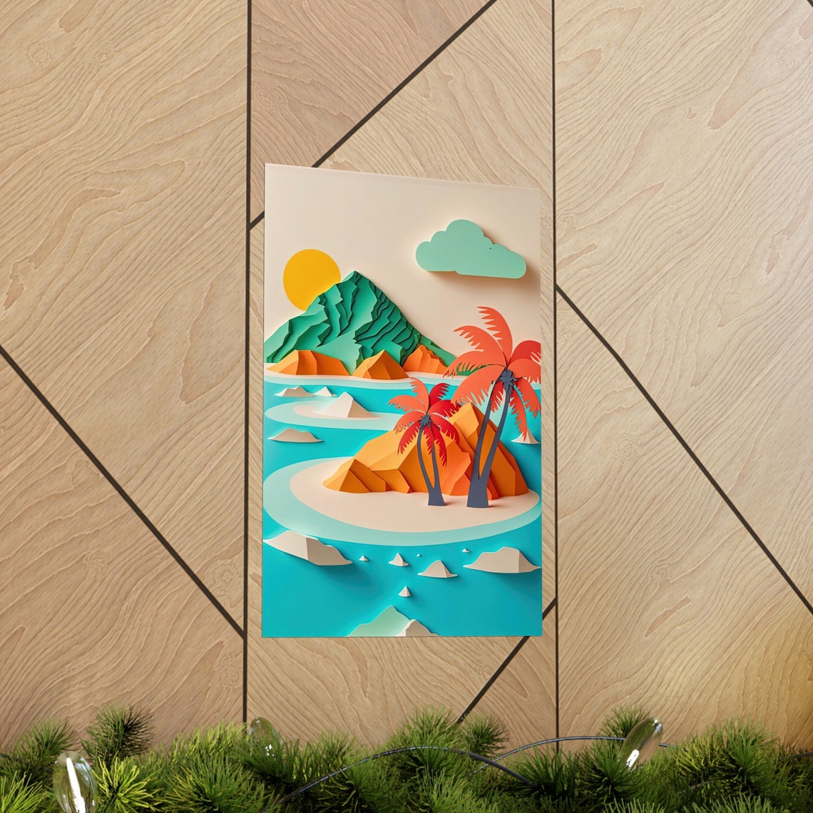 Tropical Island Palm Trees Paper Cut Style Ocean Sunset Poster - Image 2