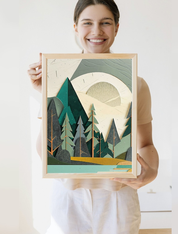 Paper Cutout Nature Art Print, Rustic Lake House Decor