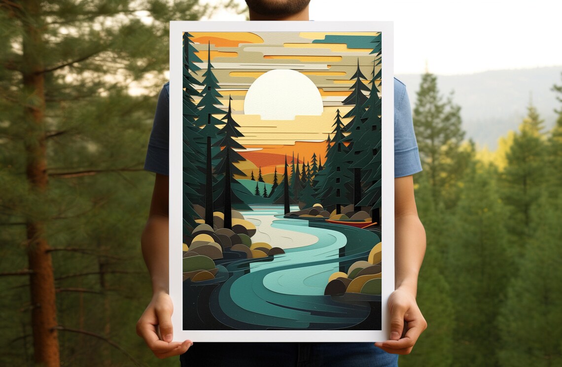 Vintage Pine Tree Sunset Art Print, Lake Superior - Image 4