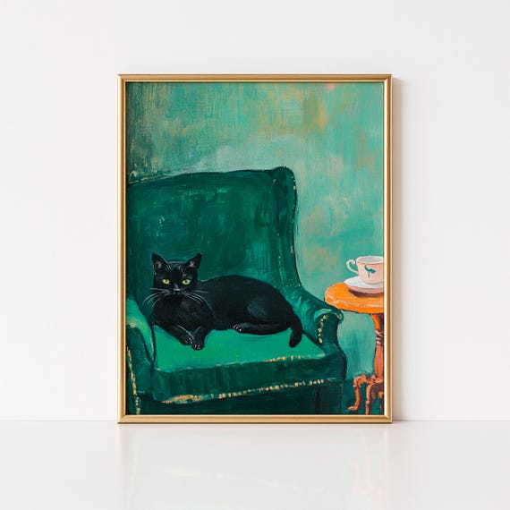 Black Cat High Tea Vintage Farmhouse Art Print