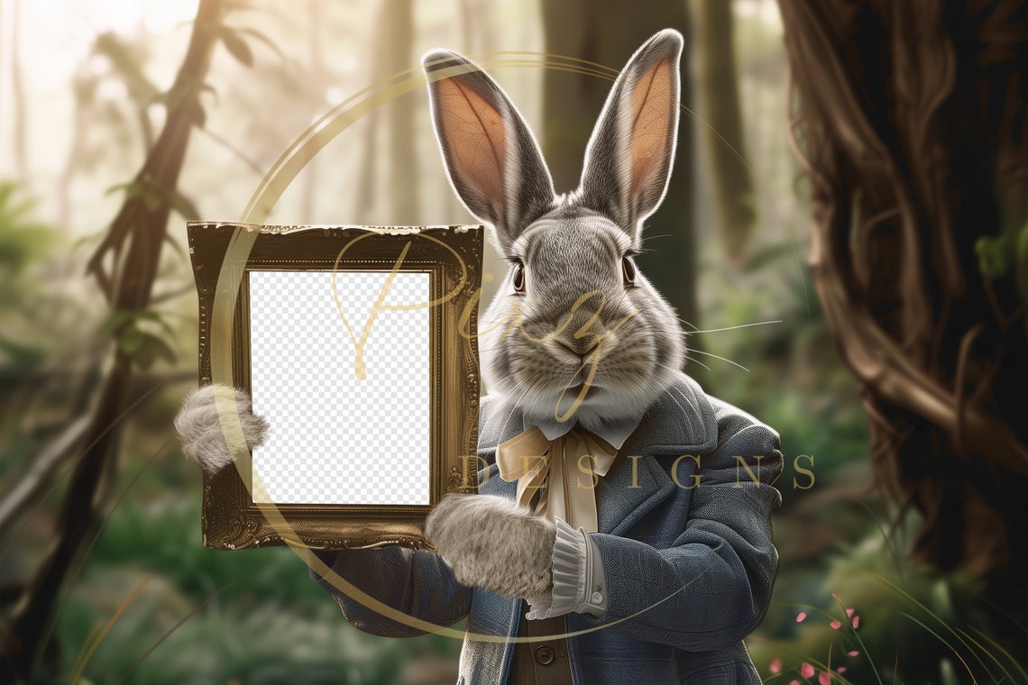 Easter Bunny In Suit Holding Picture Frame Forest Backdrop Poster - Image 2