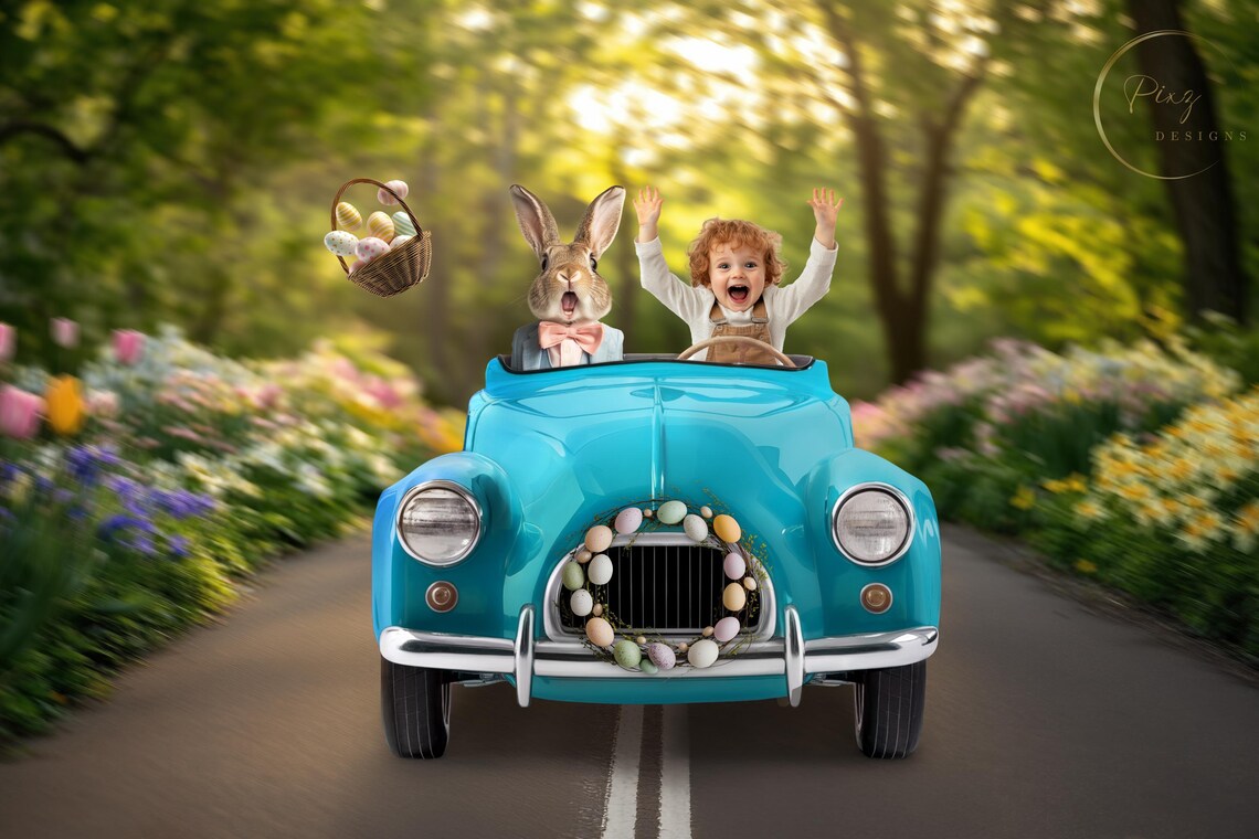 Spring Easter Bunny Car Background, Holiday Photography
