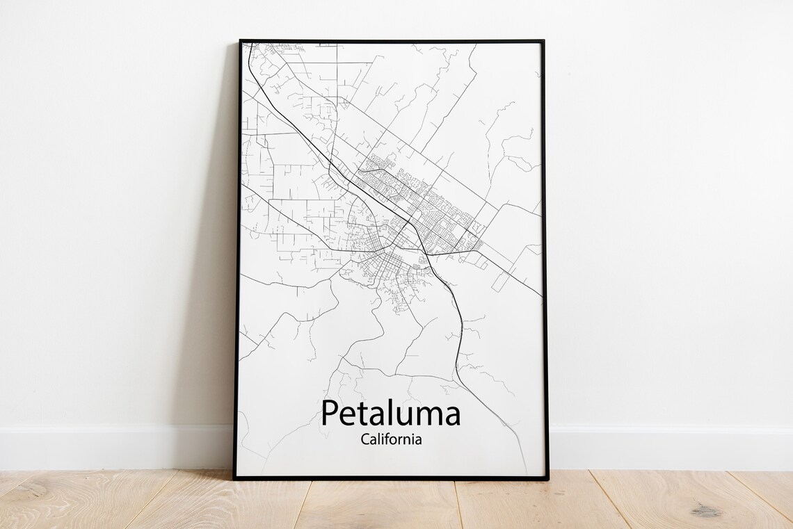 Petaluma California Minimalist Black and White City Street Map Poster