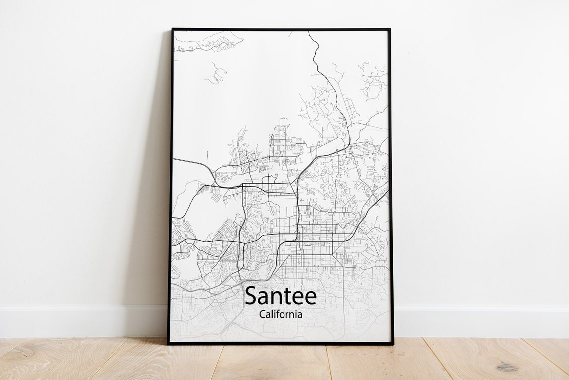 Santee California Minimalist Black and White City Street Map Poster