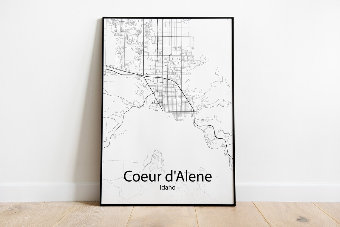 Coeur d'Alene Idaho Minimalist Black and White City Street Map Poster