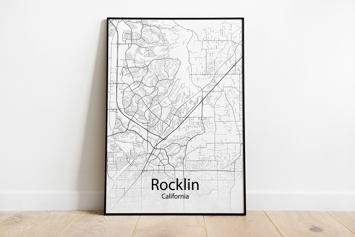 Rocklin California Minimalist Black and White City Street Map Poster
