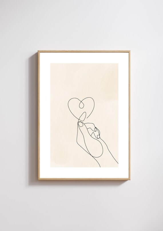 Minimalist Hand Heart Line Art Print Modern Love Wall Art Abstract Boho Neutral Home Decor