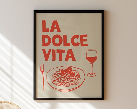 La Dolce Vita Red Pasta Plate Wine Glass Italian Kitchen Food Poster