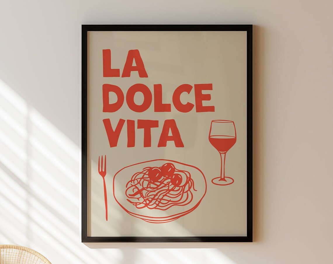 La Dolce Vita Red Pasta Plate Wine Glass Italian Kitchen Food Poster
