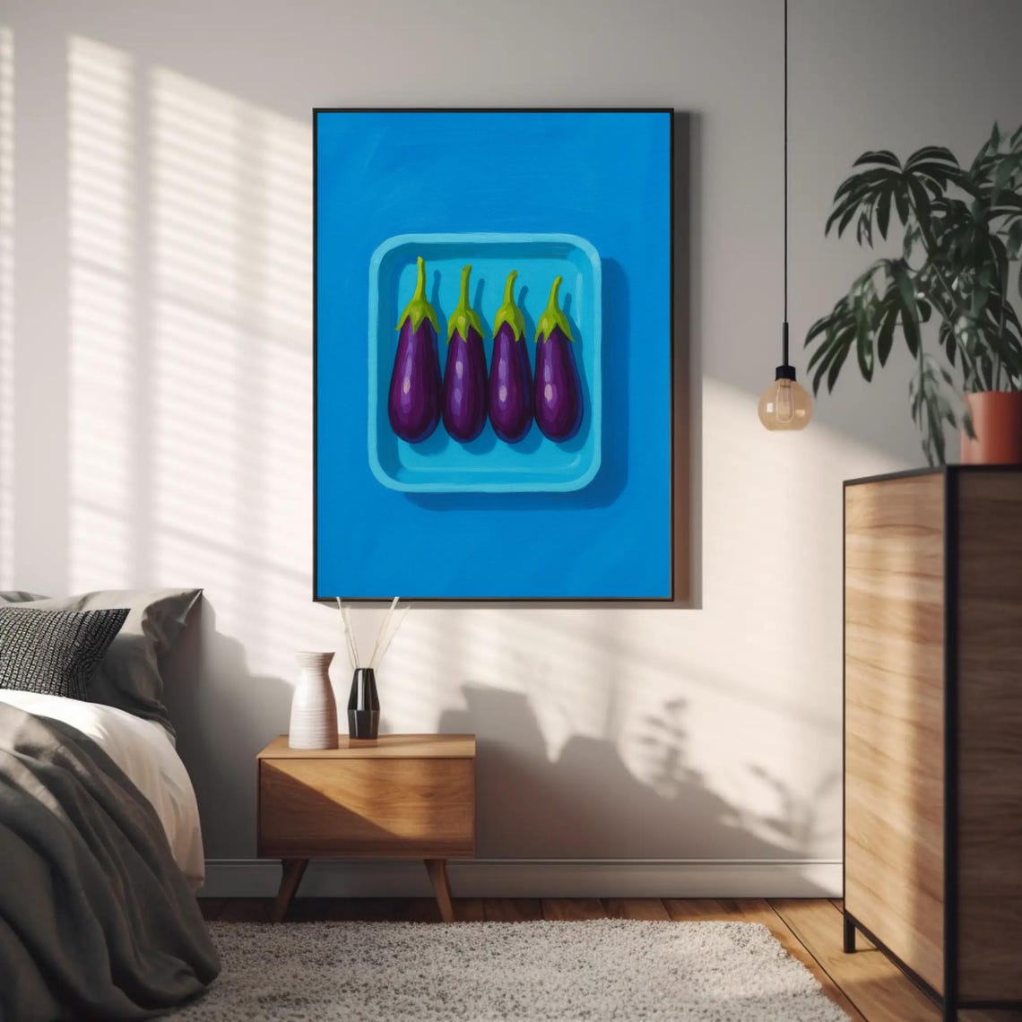 Pop Art Eggplants on Turquoise Tray Bold Blue Kitchen Poster