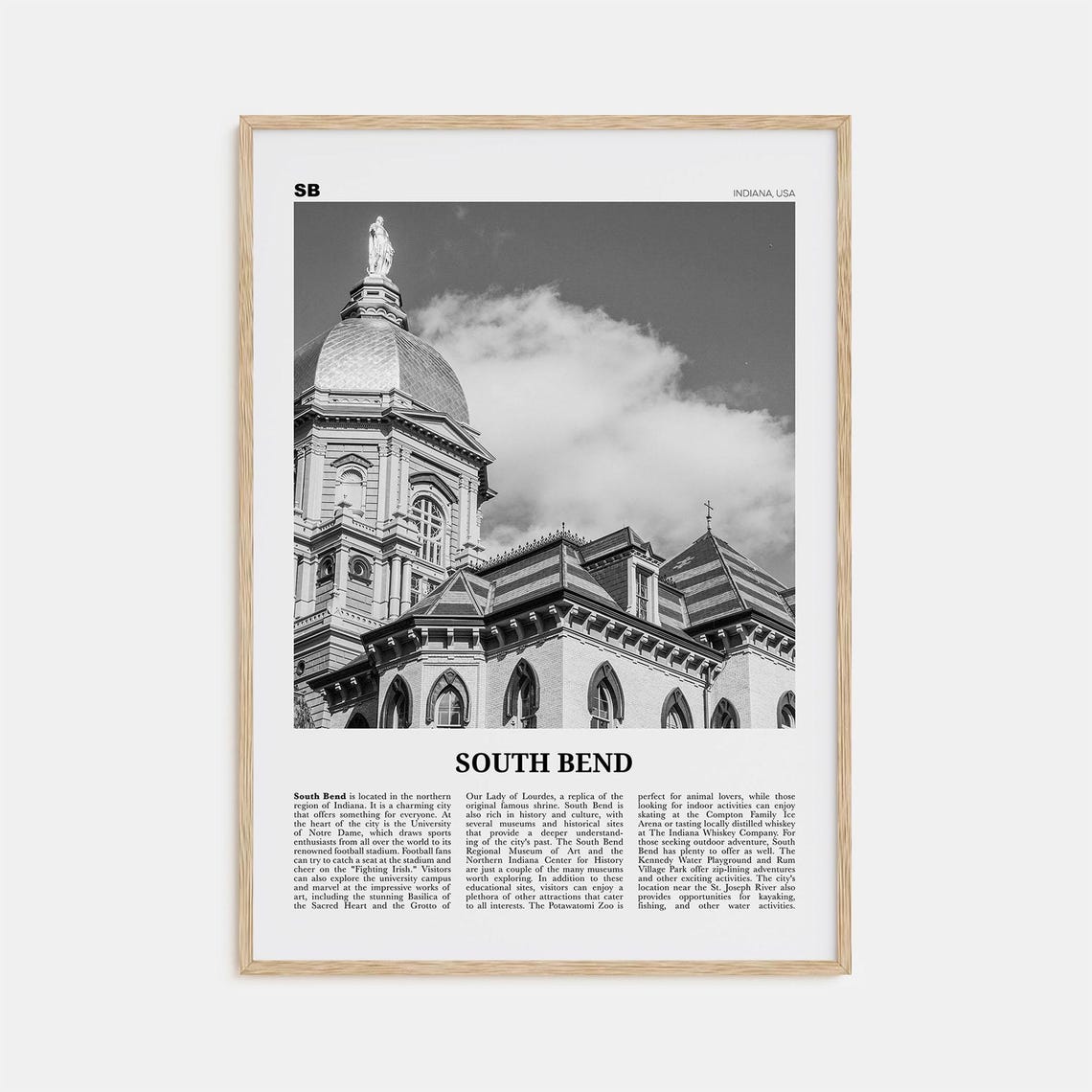South Bend Black And White Travel Poster Print